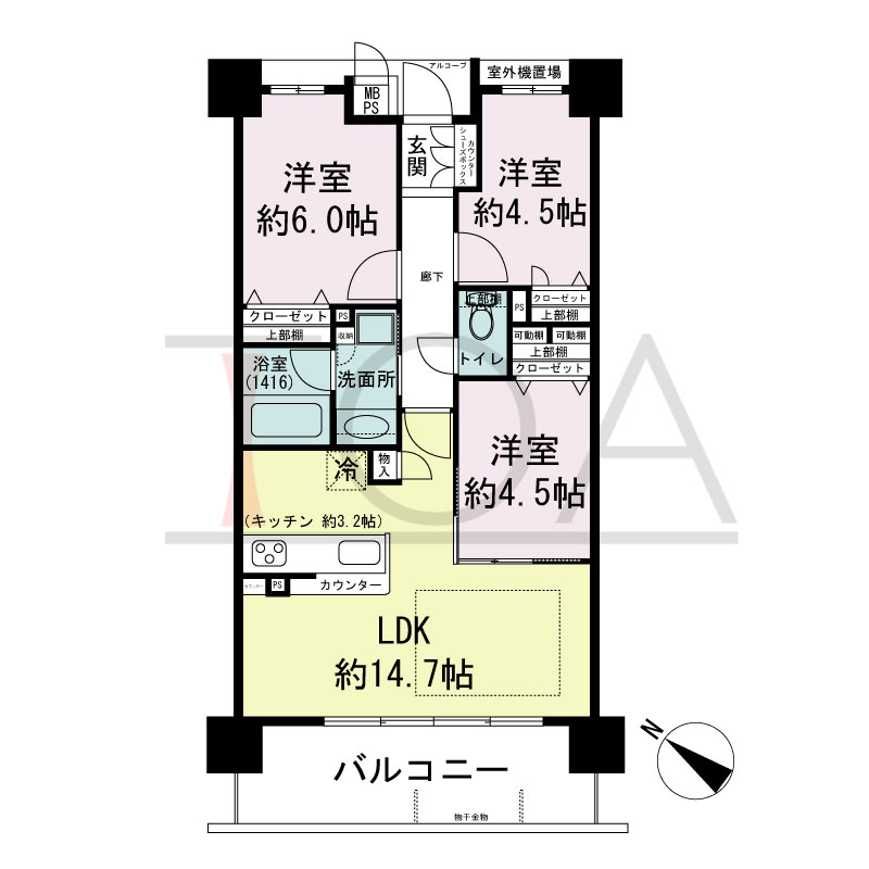 ワコーレシティ兵庫駅前通の間取り図 南西向き
3LDK
専有面積63.71m2
テラス面積26.38m2