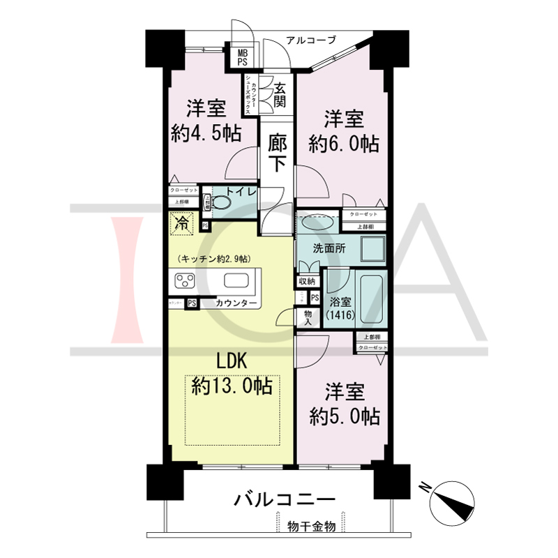 ワコーレシティ兵庫駅前通の間取り図 南西向き
2LDK+F
専有面積61.04m2
テラス面積25.26m2
