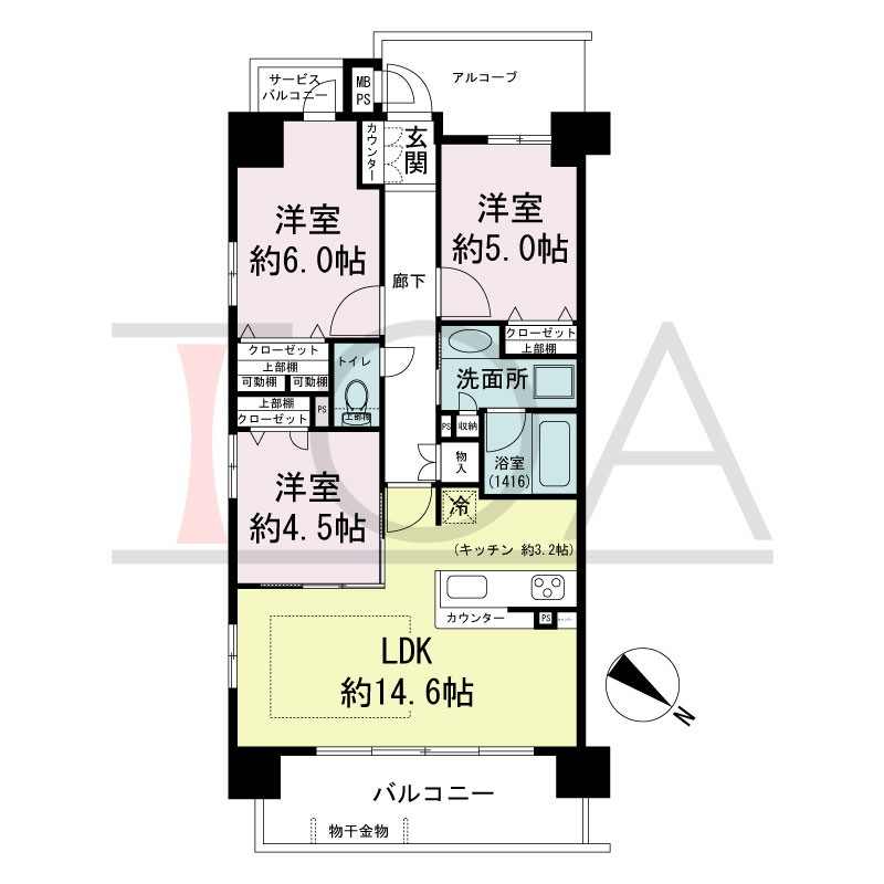 ワコーレシティ兵庫駅前通の間取り図 北東向き 3LDK
専有面積67.28m2
サービスバルコニー面積1.56m2
テラス面積24.99m2