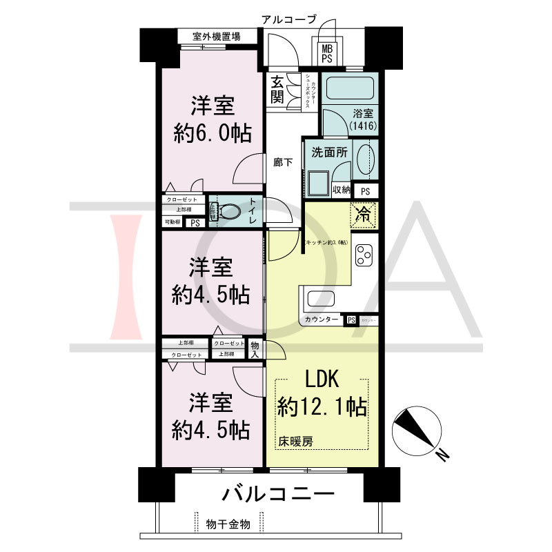 ワコーレシティ兵庫駅前通の間取り図 北東向き 3LDK
専有面積58.90m2
テラス面積22.89m2
アルコーブ面積2.61m2