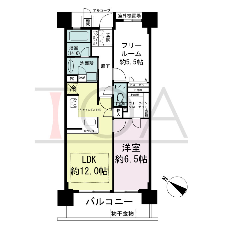 ワコーレシティ兵庫駅前通の間取り図 南西向き
1LDK+F
専有面積55.16m2
バルコニー面積9.01m2
