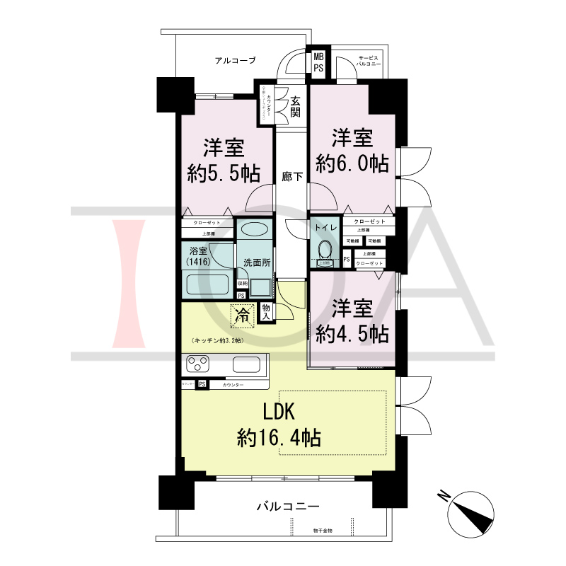 ワコーレシティ兵庫駅前通の間取り図 南西向き 2LDK+F(2階・3階)
3LDK(4階〜6階)
専有面積69.05m2
バルコニー面積9.94m2
サービスバルコニー面積1.52m2