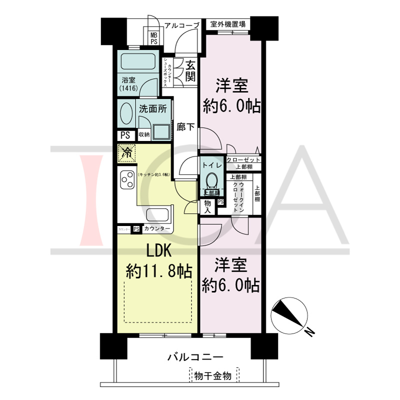 ワコーレシティ兵庫駅前通の間取り図 北東向き
2LDK
専有面積54.71m2
バルコニー面積9.01m2