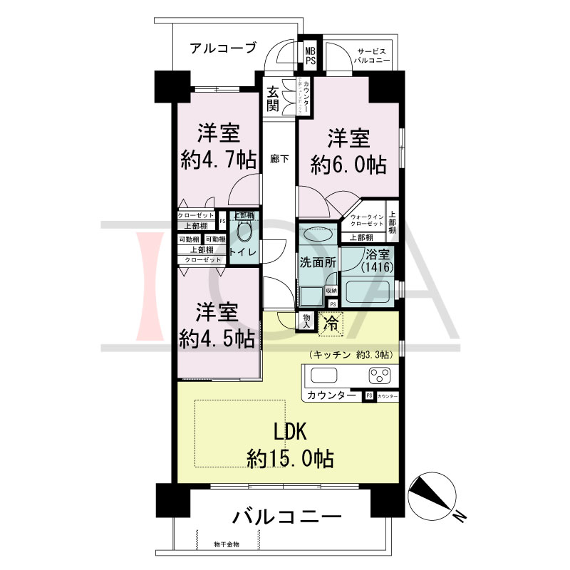 ワコーレシティ兵庫駅前通の間取り図 北東向き 3LDK
専有面積66.81m2
バルコニー面積10.37m2
サービスバルコニー面積1.89m2