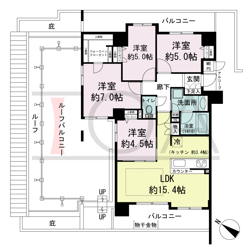 ワコーレシティ兵庫駅前通の間取り図 南西向き 4LDK
専有面積82.28m2
バルコニー面積24.40m2
ルーフバルコニー面積37.67m2