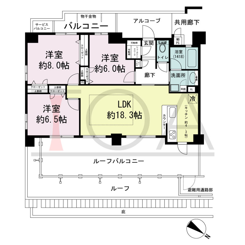ワコーレシティ兵庫駅前通の間取り図 北東向き 3LDK
専有面積81.65m2
バルコニー面積5.65m2
ルーフバルコニー面積28.12m2
サービスバルコニー面積1.42m2