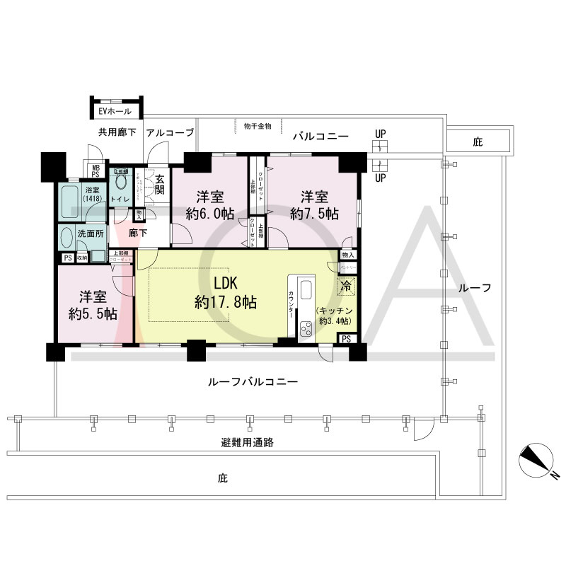 ワコーレシティ兵庫駅前通の間取り図 北東向き 3LDK
専有面積77.28m2
バルコニー面積12.89m2
ルーフバルコニー面積61.89m2