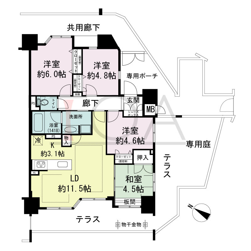 ファーストレジデンス須磨海浜公園の間取り図 南西向き 4LDK
専有面積75.30m2
テラス面積24.28m2
専用庭面積11.76m2