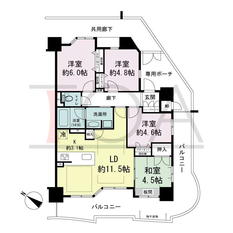 ファーストレジデンス須磨海浜公園の間取り図 南西向き
4LDK
専有面積75.30m2
バルコニー面積24.11m2
