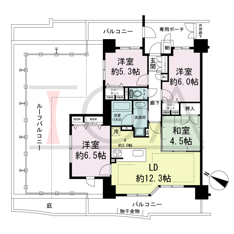 ファーストレジデンス須磨海浜公園の間取り図 南西向き 4LDK
専有面積80.89m2
バルコニー面積20.63m2
ルーフバルコニー面積46.55m2