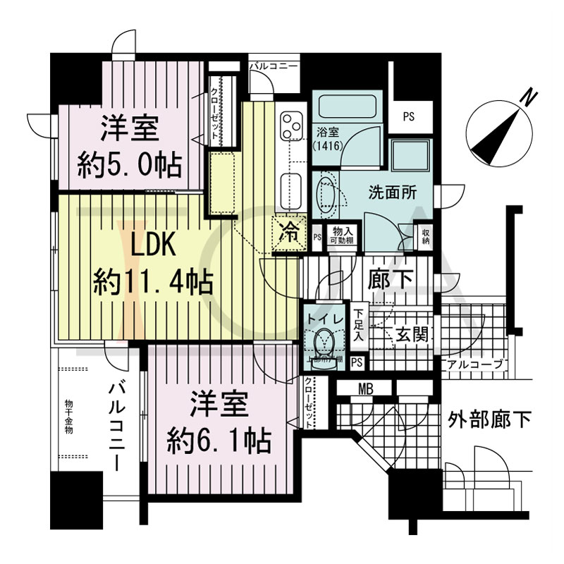 サーパス西明石駅前の間取り図 南東向き
2LDK 
専有面積55.20m2
バルコニー面積6.62m2