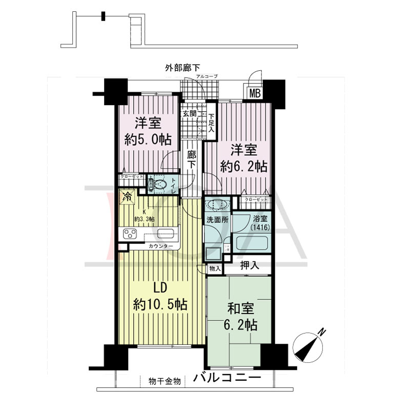 サーパス西明石駅前の間取り図 南東向き
3LDK 
専有面積67.15m2
バルコニー面積9.15m2