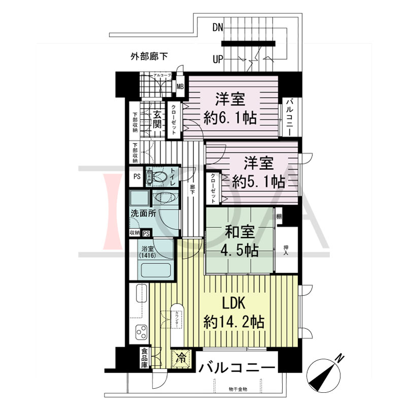 サーパス西明石駅前の間取り図 南東向き
3LDK 
専有面積70.21m2
バルコニー面積10.76m2