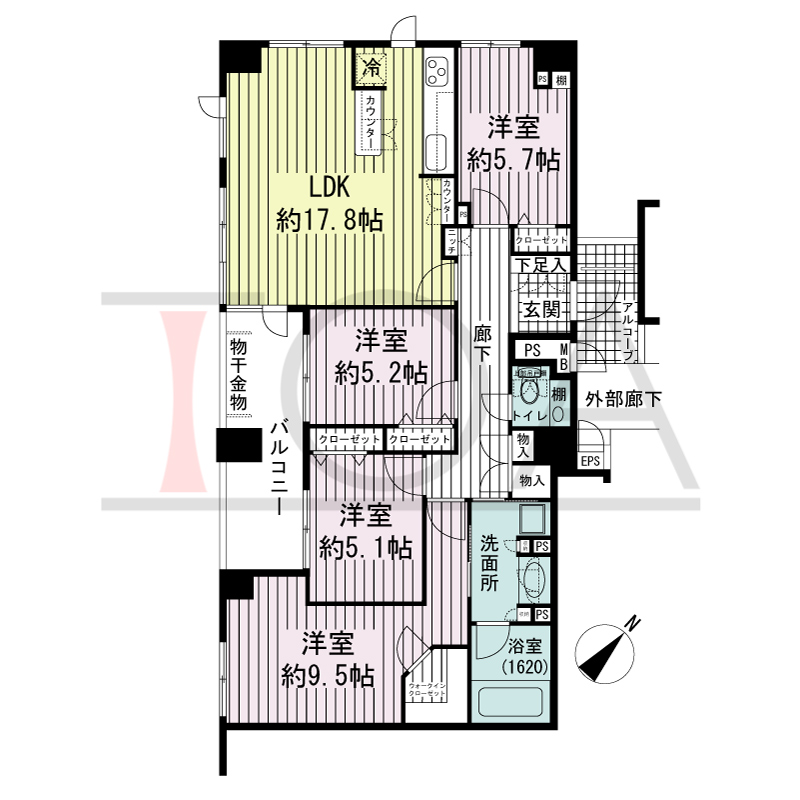 サーパス西明石駅前の間取り図 南東向き
4LDK 
専有面積99.72m2
バルコニー面積10.42m2