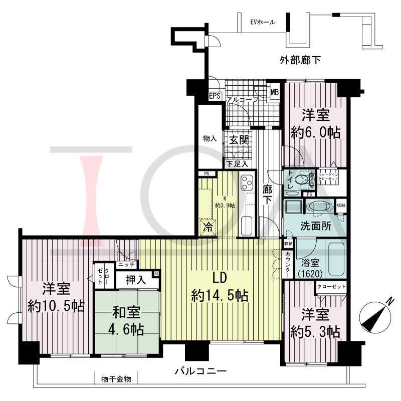サーパス西明石駅前の間取り図 南東向き
4LDK 
専有面積99.01m2
バルコニー面積17.62m2