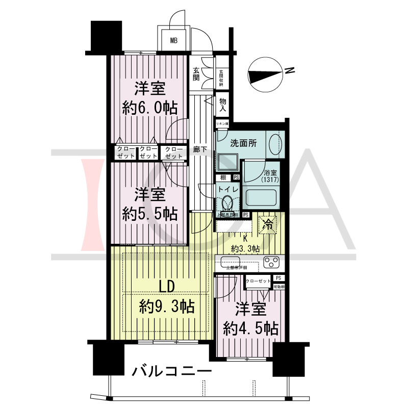 リベール明石 The Front(リベール明石ザフロント)の間取り図 東向き
3LDK
専有面積65.04m2
バルコニー面積11.48m2