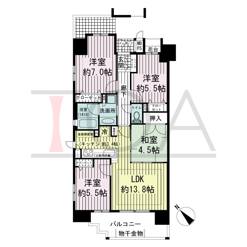 ワコーレ西明石駅前ガーデンズの間取り図 南西向き
3LDK＋F
専有面積77.21m2
バルコニー面積9.64m2
