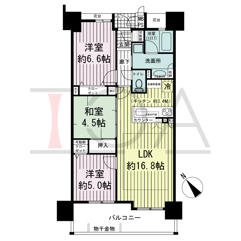 ワコーレ西明石駅前ガーデンズの間取り図 南西向き
3LDK
専有面積70.16m2
バルコニー面積11.12m2