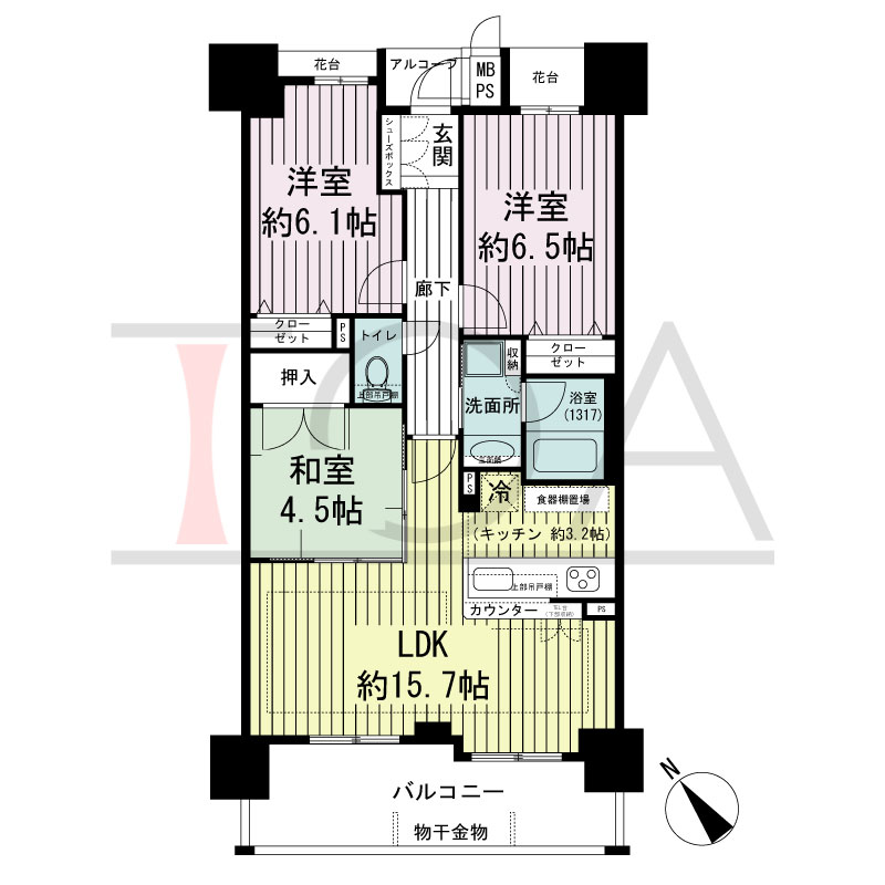 ワコーレ西明石駅前ガーデンズの間取り図 南西向き
2LDK＋F
専有面積70.06m2
バルコニー面積11.12m2