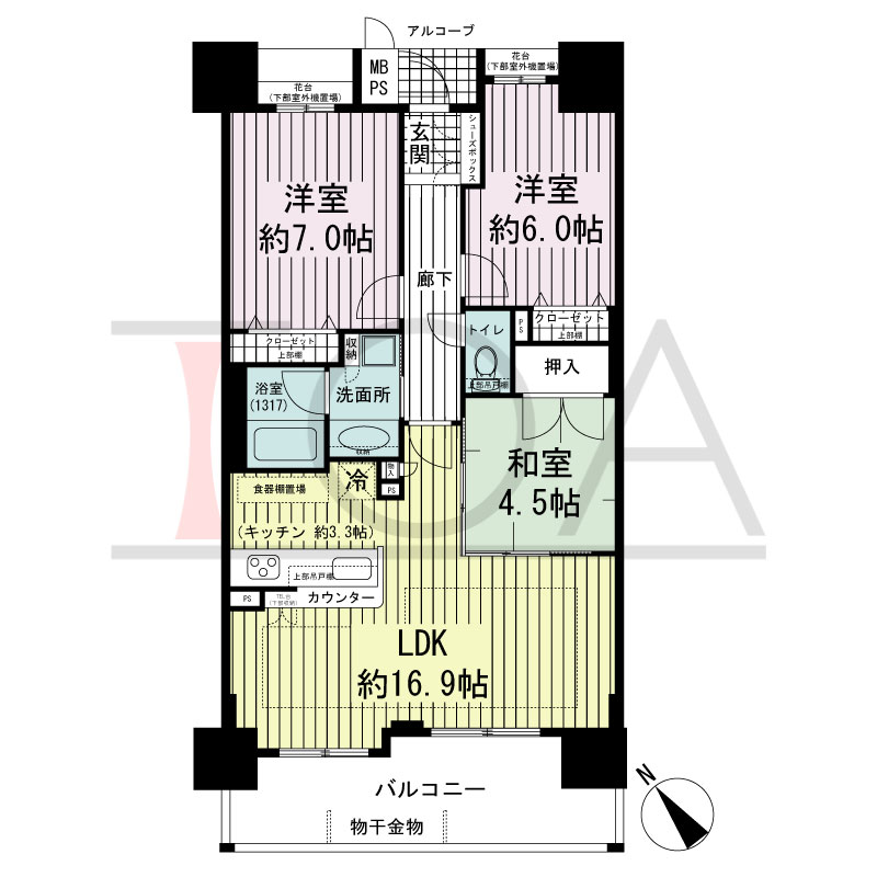 ワコーレ西明石駅前ガーデンズの間取り図 南西向き
2LDK＋F
専有面積73.27m2
バルコニー面積11.69m2