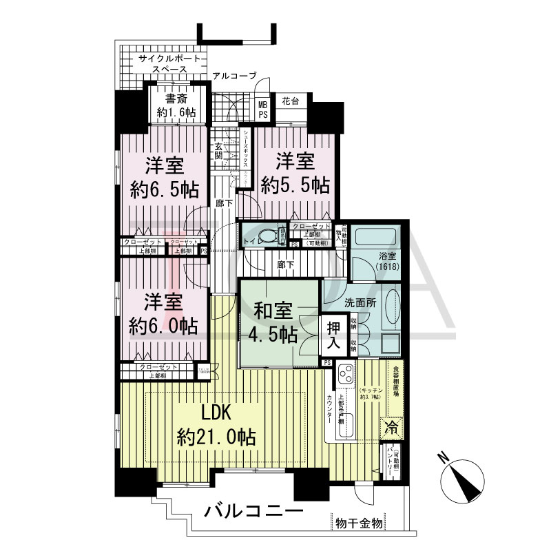 ワコーレ西明石駅前ガーデンズの間取り図 南西向き
4LDK＋書斎
専有面積101.36m2
バルコニー面積13.01m2