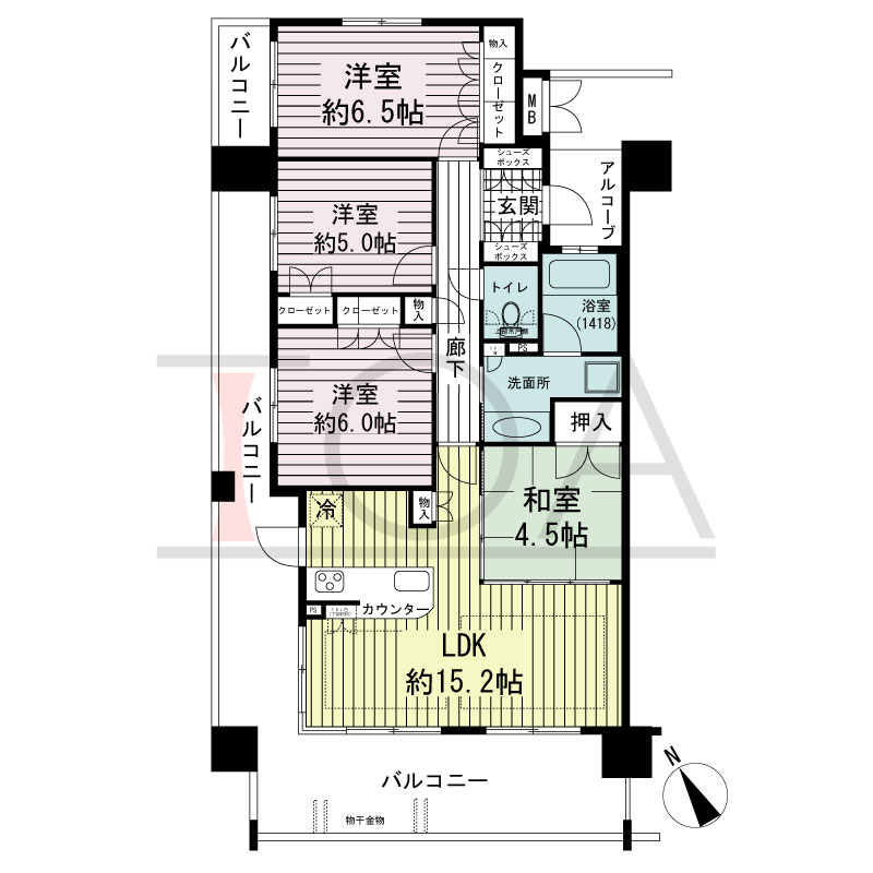 ネバーランド朝霧の間取り図 南西向き
4LDK
専有面積82.68m2
バルコニー面積31.65m2