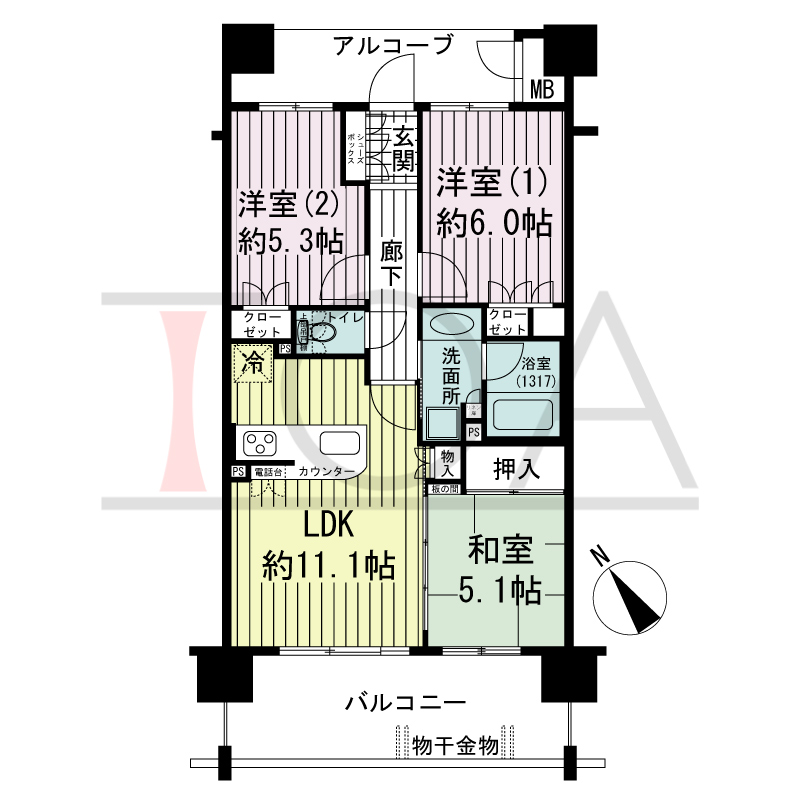 ネバーランド朝霧の間取り図 南西向き
3LDK
専有面積61.19m2
バルコニー面積12.40m2