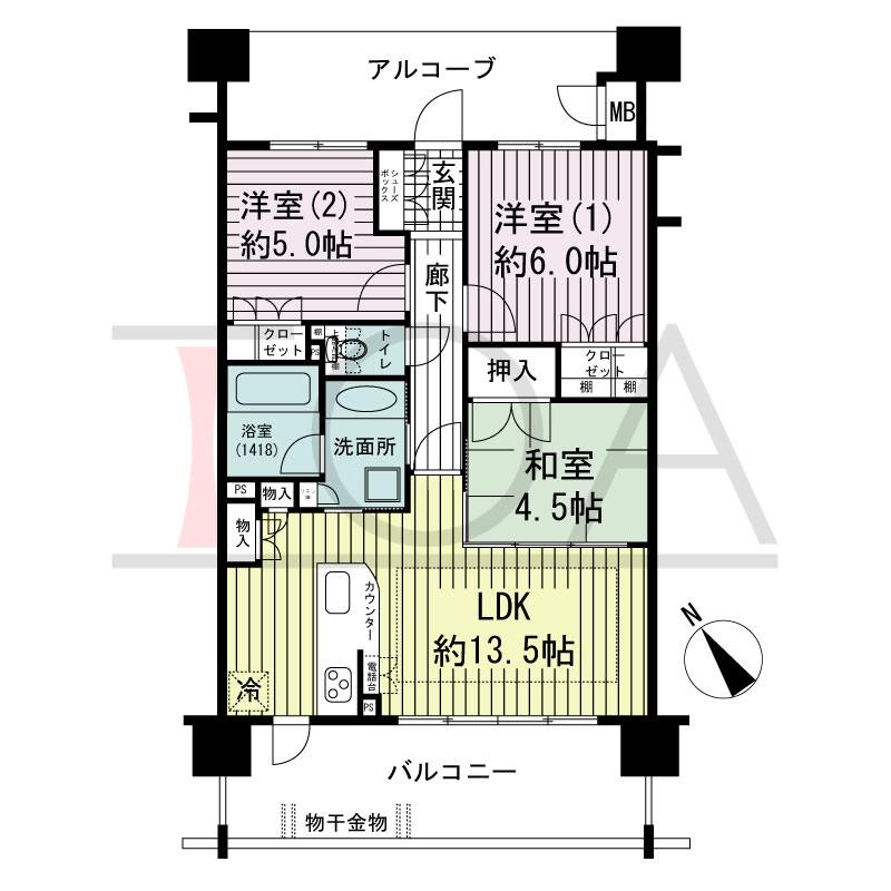 ネバーランド朝霧の間取り図 南西向き
3LDK
専有面積65.76m2
バルコニー面積14.00m2