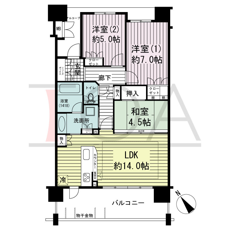 ネバーランド朝霧の間取り図 南西向き
3LDK
専有面積70.94m2
バルコニー面積14.00m2