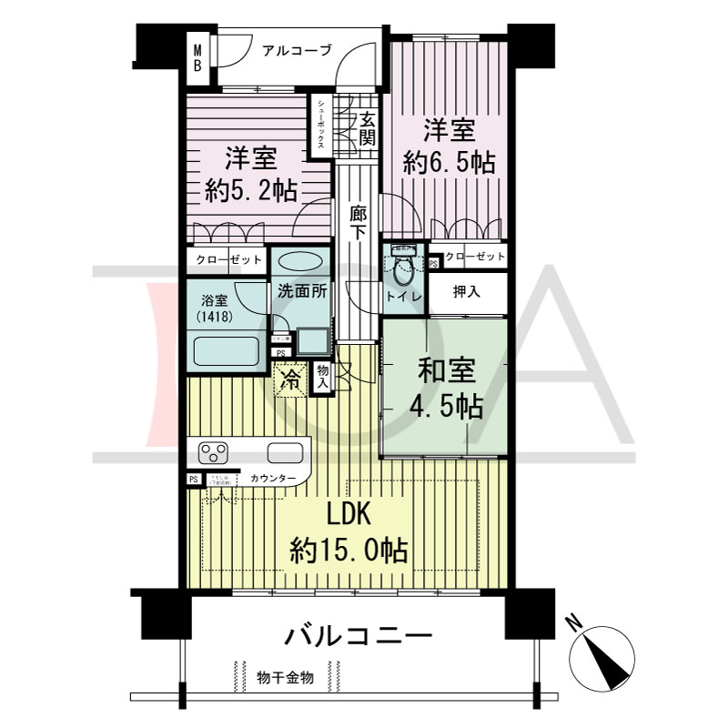 ネバーランド朝霧の間取り図 南西向き
3LDK
専有面積68.34m2
バルコニー面積14.00m2