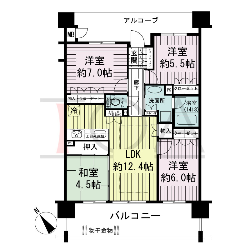 ネバーランド朝霧の間取り図 南西向き
4LDK
専有面積77.59m2
バルコニー面積16.00m2