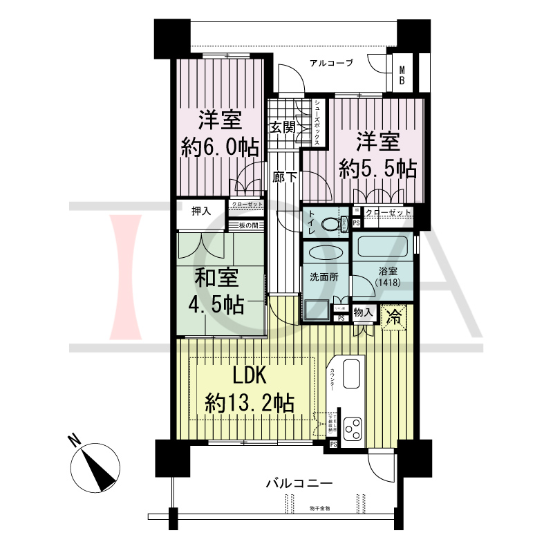 ネバーランド朝霧の間取り図 南西向き
3LDK
専有面積64.81m2
バルコニー面積11.80m2
