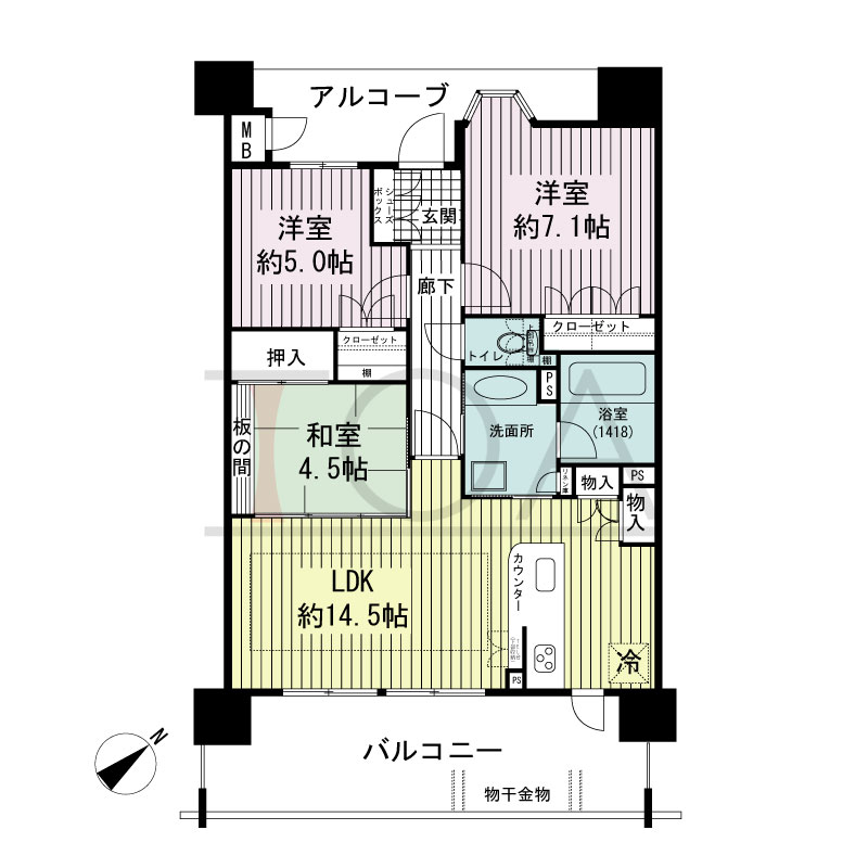 ネバーランド朝霧の間取り図 南東向き
2LDK+F
専有面積70.01m2
バルコニー面積15.15m2