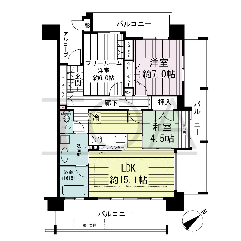 ネバーランド朝霧の間取り図 南東向き
2LDK+F
専有面積76.09m2
バルコニー面積33.98m2