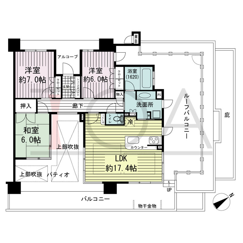 ネバーランド朝霧の間取り図 南東向き 3LDK
専有面積85.03m2
バルコニー面積20.65m2
ルーフバルコニー面積33.01m2
パティオ面積21.67m2