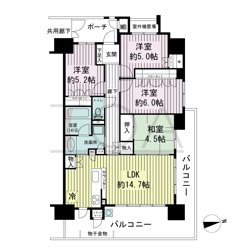 ザ・ネバーランド明石ハーバーゲートの間取り図 南東向き 3LDK+F(2〜8階)
4LDK(9〜15階)
専有面積82.44m2
バルコニー面積26.06m2