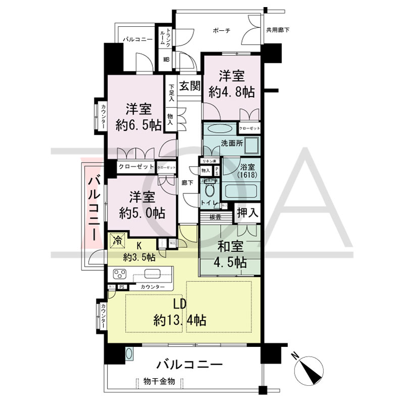 パークグラン西明石の間取り図 南西向き
4LDK 
専有面積83.63m2
バルコニー面積21.80m2