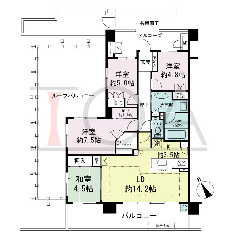 パークグラン西明石の間取り図 南西向き　4LDK＋N
専有面積90.53m2
バルコニー面積18.50m2
ルーフバルコニー面積42.38m2