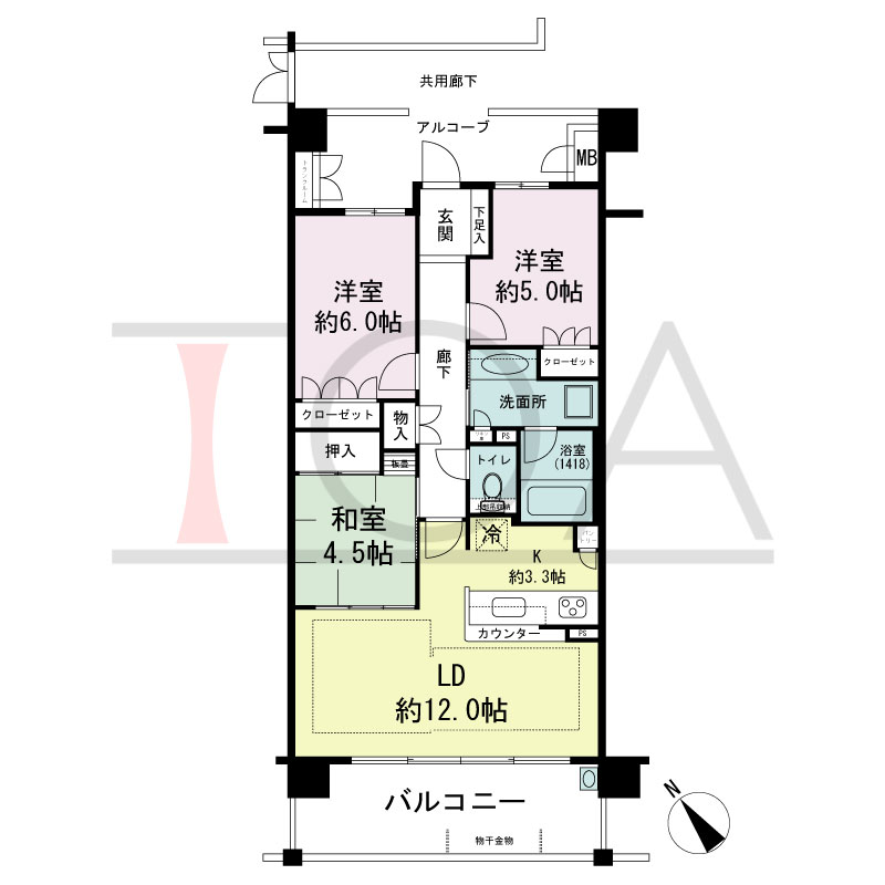 パークグラン西明石の間取り図 南西向き
3LDK
専有面積70.96m2
バルコニー面積12.50m2