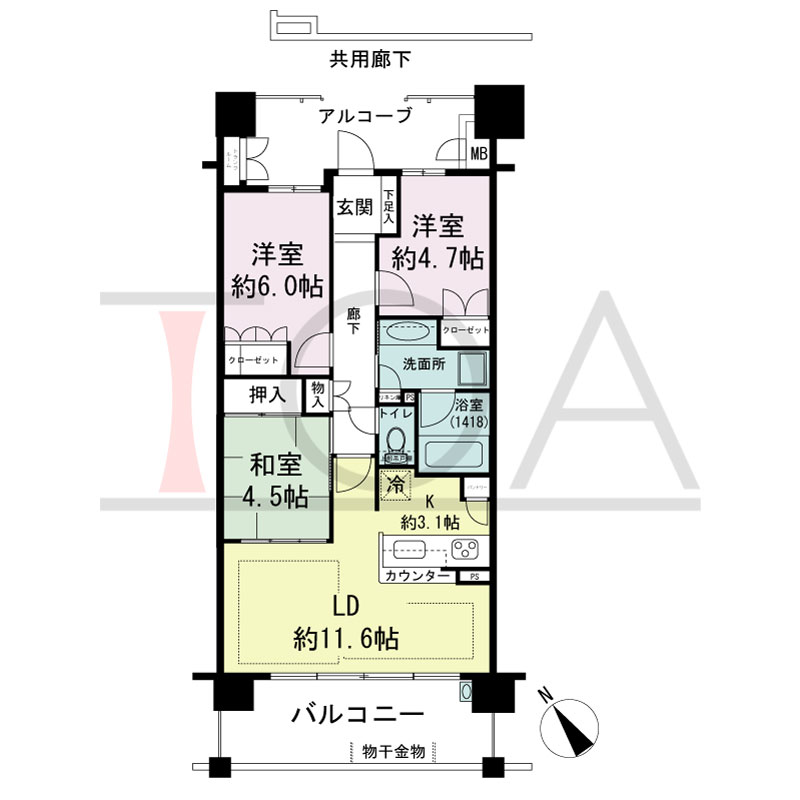 パークグラン西明石の間取り図 南西向き
3LDK
専有面積68.37m2
バルコニー面積12.20m2