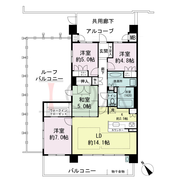 パークグラン西明石の間取り図 南西向き　4LDK
専有面積90.63m2
バルコニー面積18.20m2
ルーフバルコニー面積38.21m2