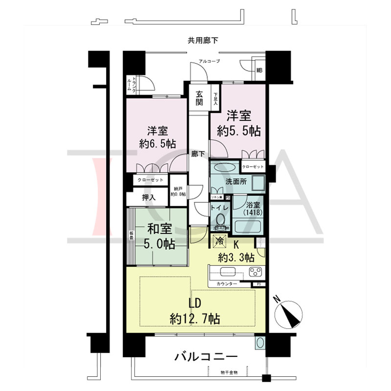 パークグラン西明石の間取り図 南西向き　
3LDK＋N
専有面積75.40m2
バルコニー面積12.40m2