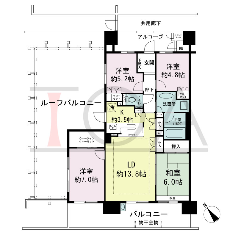 パークグラン西明石の間取り図 南西向き　4LDK
専有面積90.59m2
バルコニー面積18.70m2
ルーフバルコニー面積46.89m2
