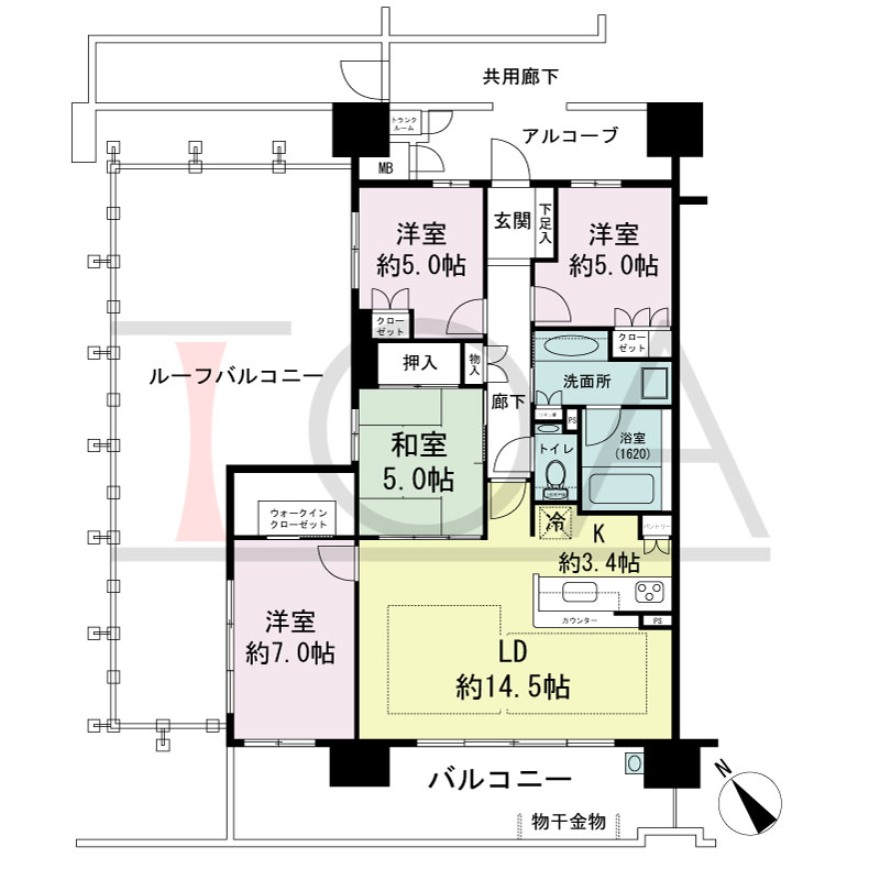 パークグラン西明石の間取り図 南西向き　4LDK
専有面積90.51m2
バルコニー面積18.23m2
ルーフバルコニー面積43.41m2
