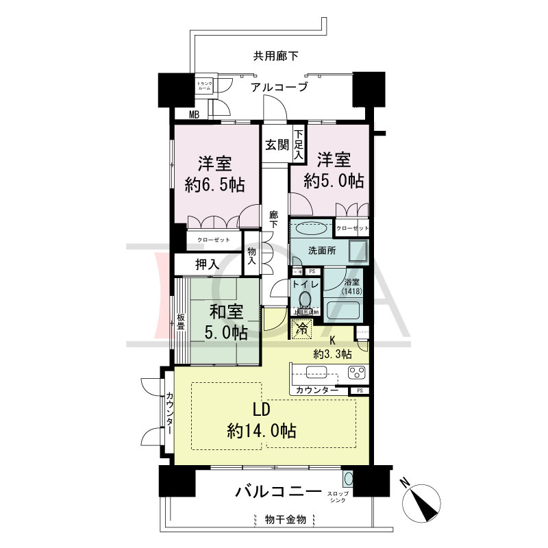 パークグラン西明石の間取り図 南西向き　
3LDK
専有面積76.23m2
バルコニー面積13.90m2