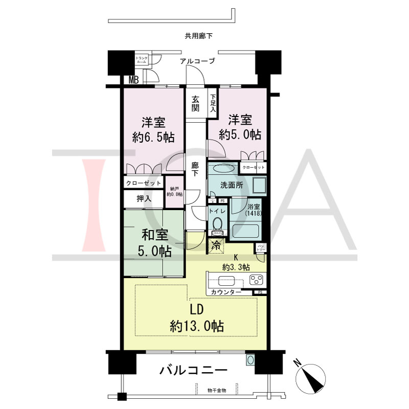 パークグラン西明石の間取り図 南西向き　
3LDK＋N
専有面積74.49m2
バルコニー面積12.83m2