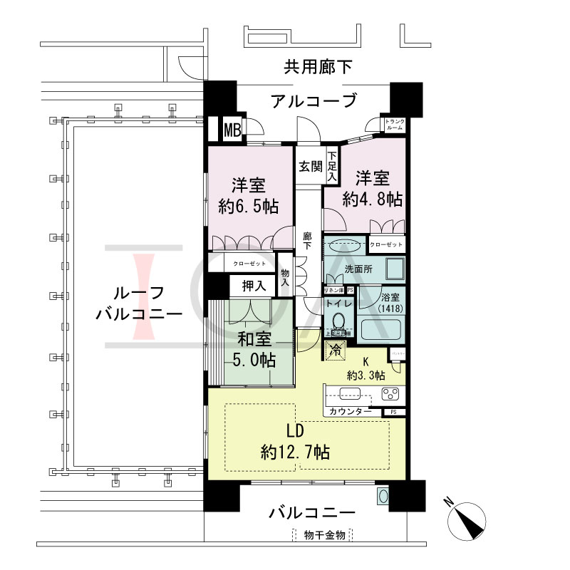 パークグラン西明石の間取り図 南西向き　3LDK
専有面積73.96m2
バルコニー面積13.20m2
ルーフバルコニー面積52.67m2