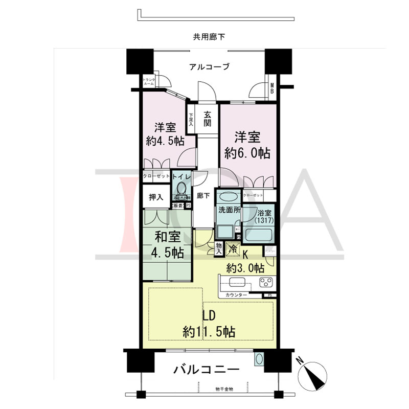 パークグラン西明石の間取り図 南西向き　
3LDK
専有面積65.71m2
バルコニー面積12.00m2