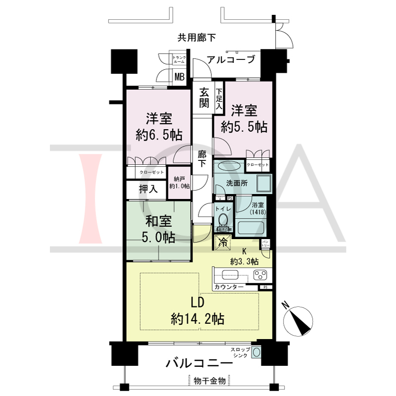 パークグラン西明石の間取り図 南西向き　
3LDK＋N
専有面積78.06m2
バルコニー面積13.40m2