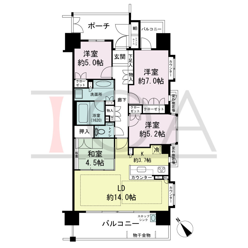 パークグラン西明石の間取り図 南西向き　
4LDK
専有面積88.41m2
バルコニー面積19.56m2